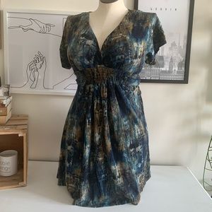 Green and blue short sleeve a-line dress